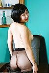 Amateur Korean model Junko posing topless in black pantyhose