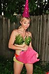 Queen and daring blonde babe Rachel Sexton with big ass is showing her outstanding jugs outdoors