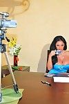 Gorgeous raven haired woman Kerry Louise with big boobs takes off her blue dress to be fucked