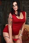 Fur-eye porn star Eva Angelina strips out of her red dress and takes dildo