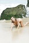 Blonde beach babe Ashley Fires modeling topless in bikini bottoms