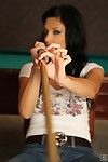 Beautiful Aletta Ocean in jeans and t-shirt makes her big eyes on you with billard cue in her hands