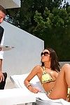 Busty bikini babe Angelina Valentine drunks cum after riding big cock by the pool