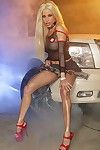 Leggy blonde Gina Lynn in red platform high heel shoes shows her big tits beside a limo
