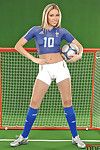Adorable body art soccer girl Cherry Jul in fake blue and white uniform spreads her legs