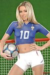 Adorable body art soccer girl Cherry Jul in fake blue and white uniform spreads her legs