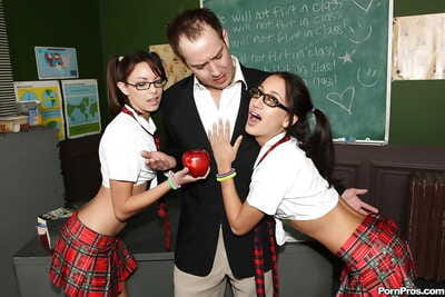 Youthful schoolgirls Amia and Danni in glasses seduce teacher for astonishingly