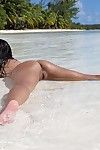 Seducente Orientale Bellezza Miko Sinz mostra Il suo calvo di cattivo gusto bagnato crack su il Spiaggia